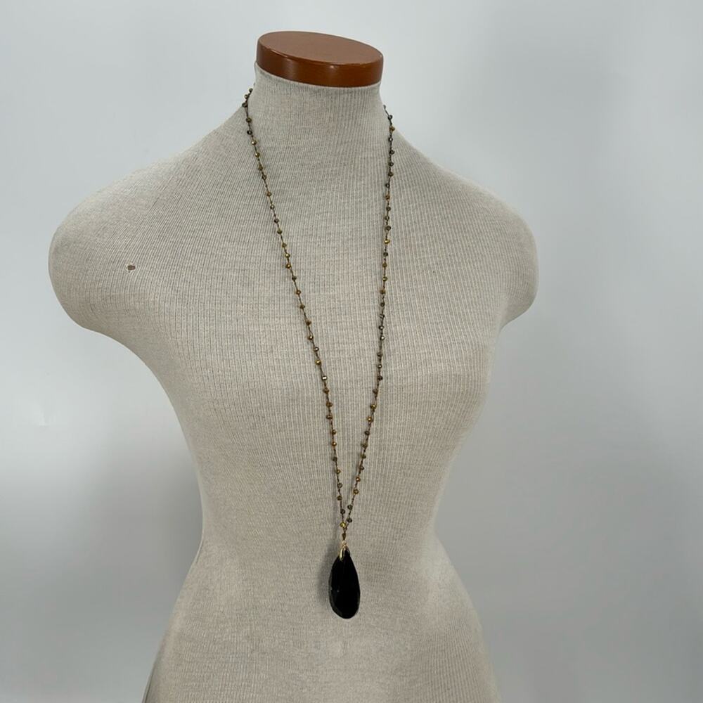 Boho Beaded cord with black plastic tear drop pendant necklace